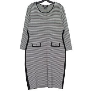 NWT DKNY Sweater Dress Stretch Plaid Sheath 3/4 Sleeve Work Midi Black Ivory XL